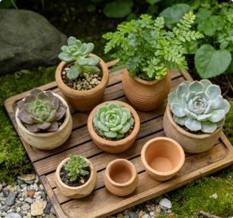 🌵Vintage Terracotta Succulent Collection Set with Handcrafted Reclaimed Wood Display Tray – 9-Piece One-of-a-Kind Artisan Pot Assortment for Miniature Desert Gardens & Tabletop Displays