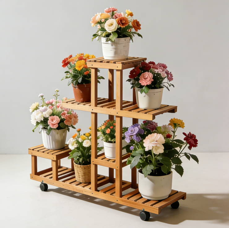 🌿Multi-Tiered Mobile Bamboo Plant Stand – 7-Level Asymmetrical Slatted Design with Lockable Casters, One-of-a-Kind Indoor Vertical Display Rack for Potted Flowers & Succulents