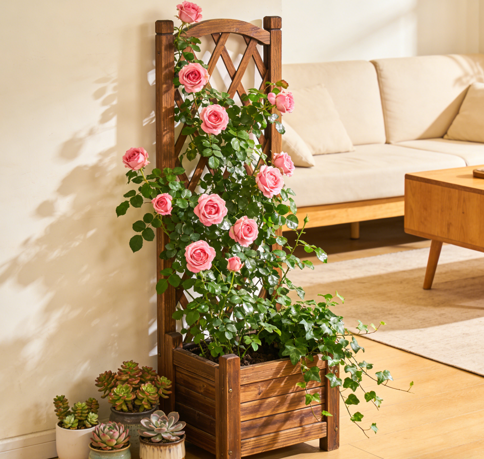🌹Rustic Diamond-Lattice Wooden Planter with Integrated Trellis – FSC-Certified Acacia Wood, Weather-Resistant Finish, One-of-a-Kind Vertical Garden Solution for Climbing Roses & Vines