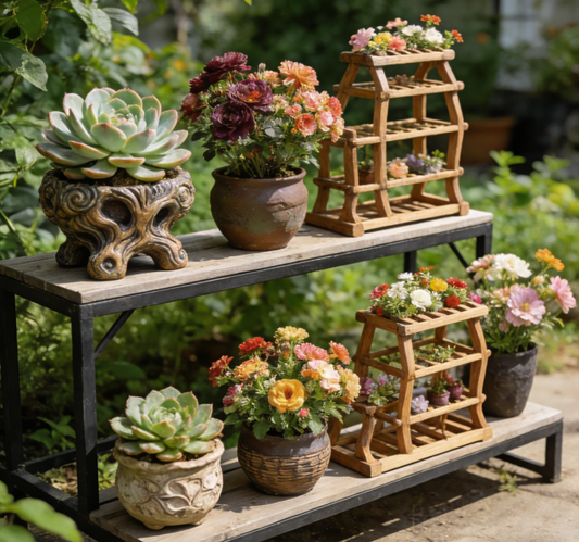 Dual-Tier Industrial Rustic Plant Display Rack with Miniature Pagoda-Style Planter Holders – One-of-a-Kind Weathered Wood & Black Metal Garden Shelving System for Succulents & Florals