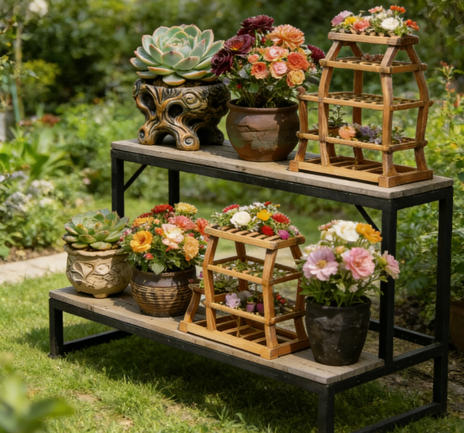 Dual-Tier Industrial Rustic Plant Display Rack with Miniature Pagoda-Style Planter Holders – One-of-a-Kind Weathered Wood & Black Metal Garden Shelving System for Succulents & Florals