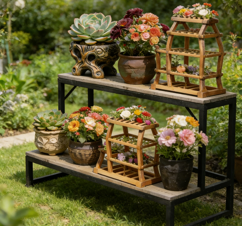 Dual-Tier Industrial Rustic Plant Display Rack with Miniature Pagoda-Style Planter Holders – One-of-a-Kind Weathered Wood & Black Metal Garden Shelving System for Succulents & Florals