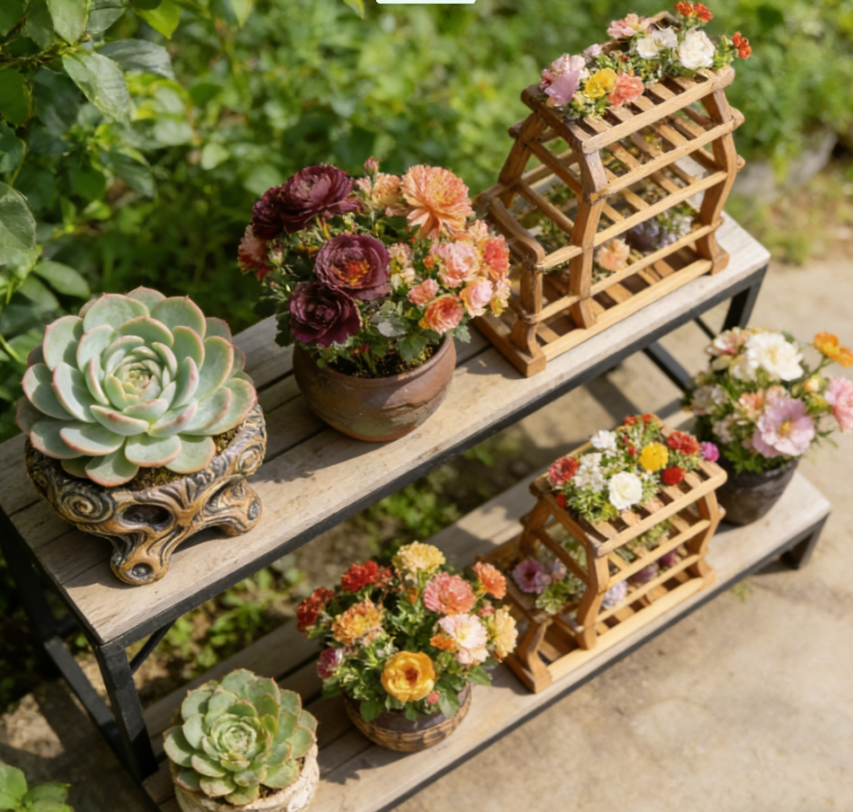 Dual-Tier Industrial Rustic Plant Display Rack with Miniature Pagoda-Style Planter Holders – One-of-a-Kind Weathered Wood & Black Metal Garden Shelving System for Succulents & Florals
