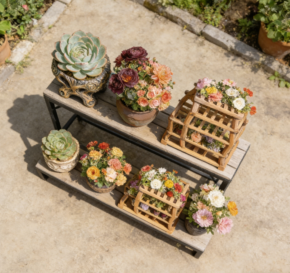 Dual-Tier Industrial Rustic Plant Display Rack with Miniature Pagoda-Style Planter Holders – One-of-a-Kind Weathered Wood & Black Metal Garden Shelving System for Succulents & Florals